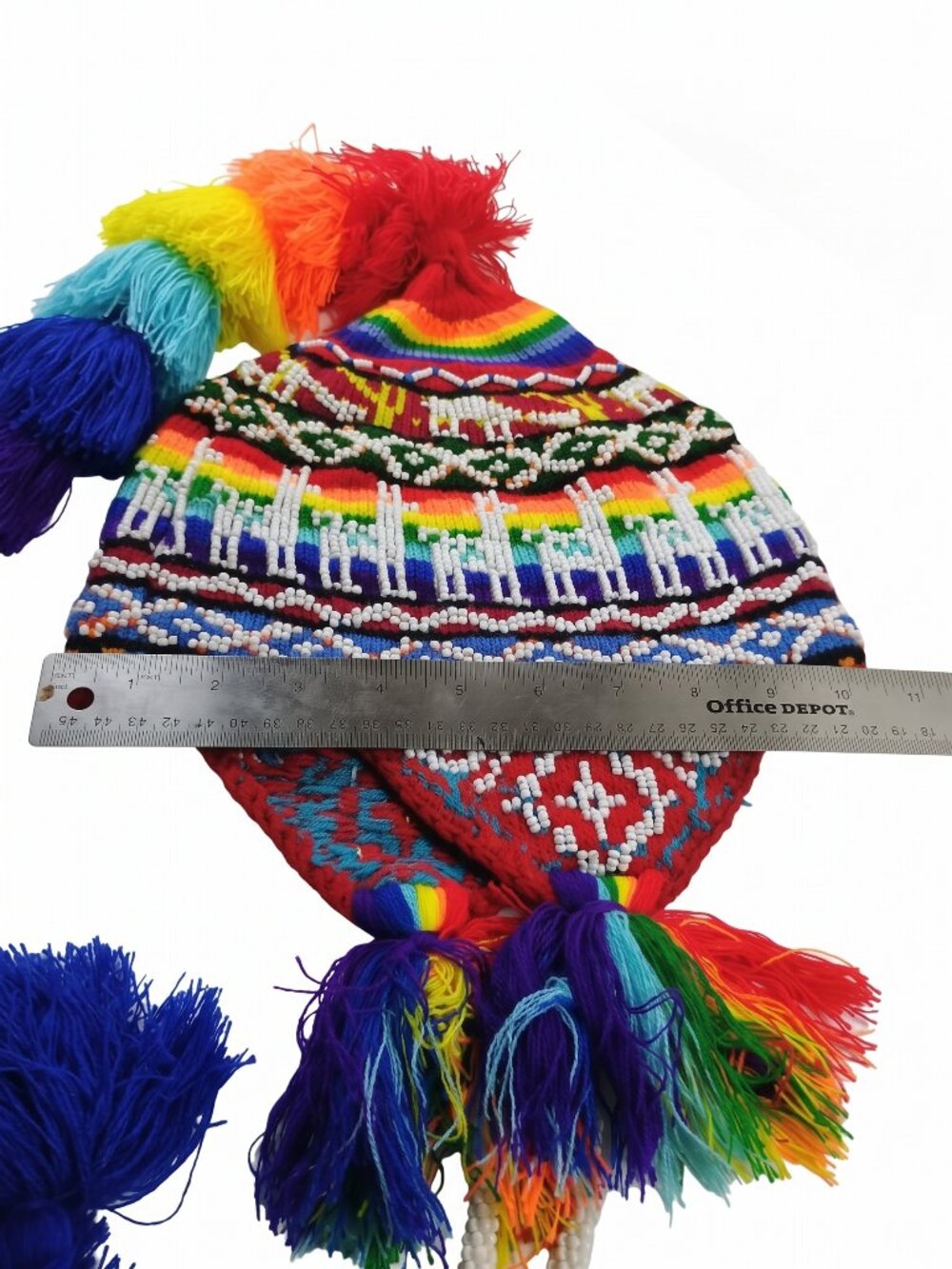 Traditional Andean Chullo with Rhinestones and Rainbow Tassels - Picture 7 of 7